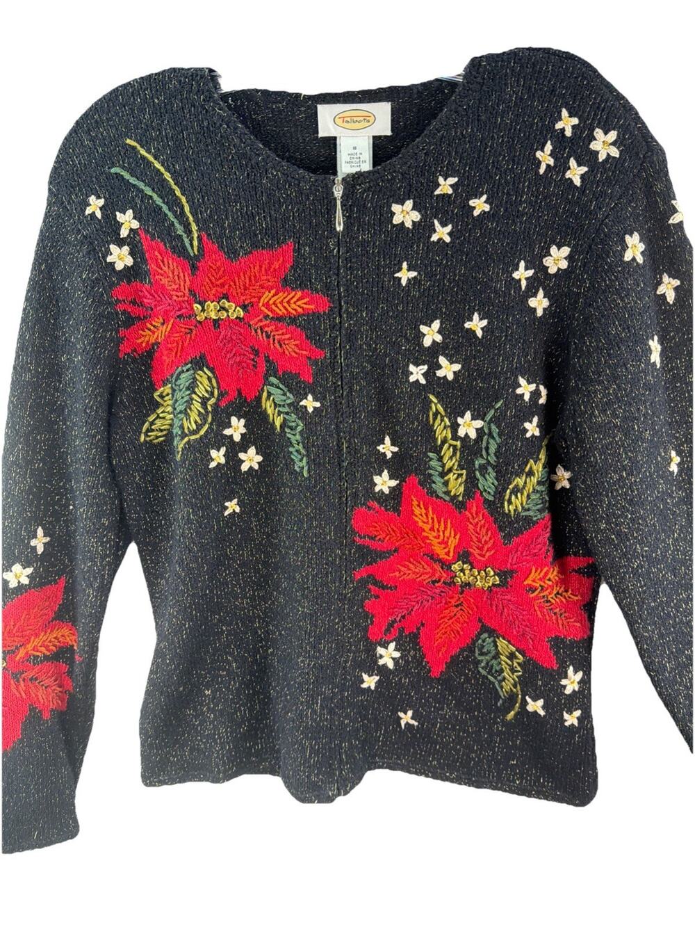 Talbots Hand Embroidered Christmas Sweater Silk Small Red Poinsettias Holiday